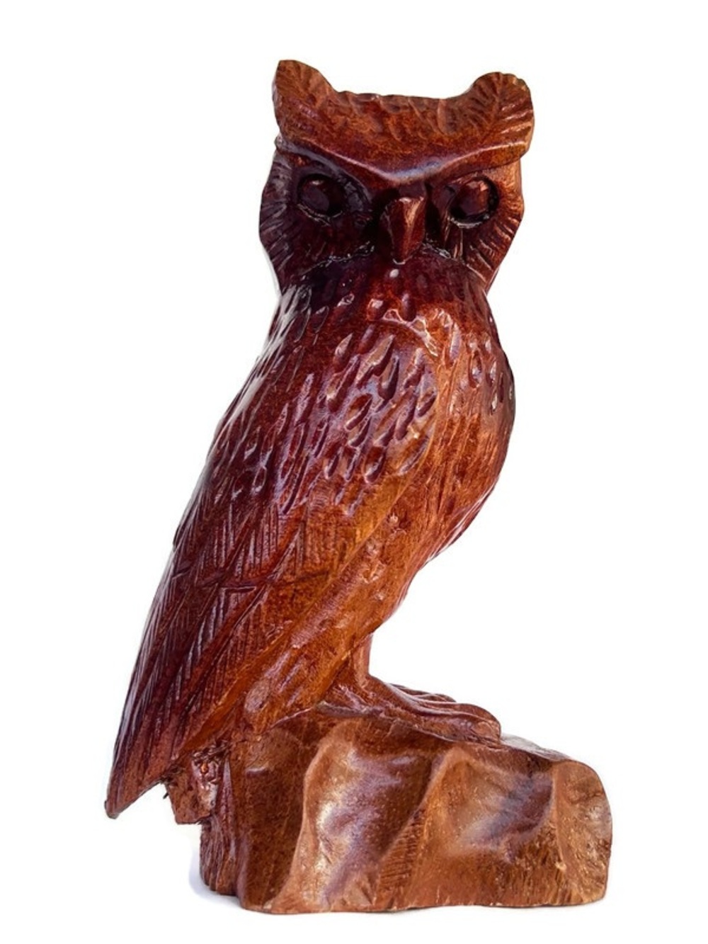 Carved Wooden Owl Rustic Decor 5” Polished Brown Wood Figurine